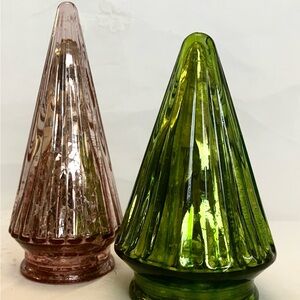 2 Glass Christmas Trees Pink and Green 4.5 and 5.5 inches